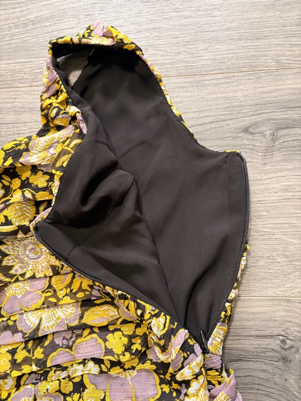Zara One-Shoulder Floral Dress in Black, Yellow & Lavender - Picture 5 of 8